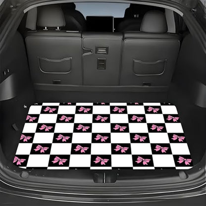 Universal Car Trunk Mat 29" x 39", Plaid and Pink Bow All Weather Trunk Protection Cargo Liner, Durable Cargo Mat Rear Trunk Liner, Stylish Vehicle Interior Accessories Suitable for Most Car Models - color: Plaid and Bow