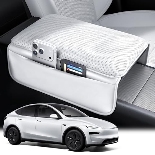 Wigoo Center Console Lid Cover for Tesla Model Y Juniper 2025-2026 & Model 3 Highland 2024-2026 (Standard, Premium & Performance), [Soft Support] Nappa Leather Armrest Protector Cover, White - color: White