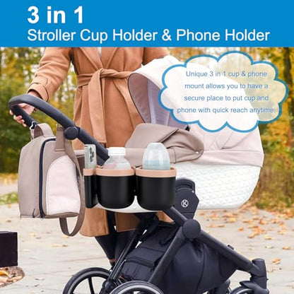 Accmor Stroller Cup Holder with Phone Holder, Bike Cup Holder, Universal Cup Holder for Uppababy Nuna Doona Strollers, 2-in-1 Cup Holder for Walker, Wheelchair, Scooter - color: Double Holder-Pink