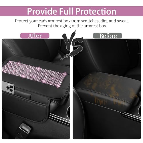 NBTEPEM Bling Car Armrest Cover, Universal Microfiber Leather Center Console Cover with 2 Pockets, Rhinestone Car Armrest Cushion Protector, Bling Accessories Interior (Purple Diamond) - color: Purple Diamond