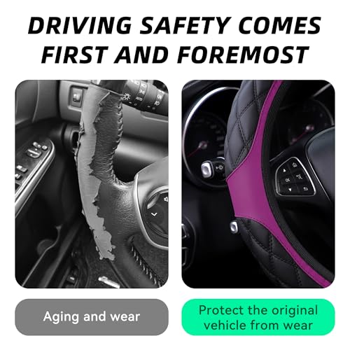 15 Inch Car Leather Steering Wheel Cover, Automotive Accessories Elastic Breathable Anti-Slip Soft Wheel Protector Fits Men and Women, Suitable for SUVs, Trucks, Vehicles and RVs (Purple) - color: Purple