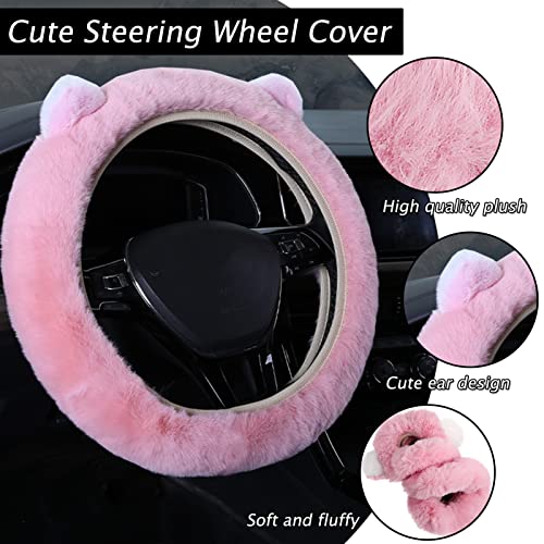 9 Pack Cute Bear Fluffy Steering Wheel Cover with Furry Gear Cover,Handbrake Cover,Seat Belt Pad,Armrest Pad,Bling Car Coaster and Fur Key Chain for Women Girls (Pink) - color: Pink