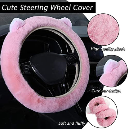9 Pack Cute Bear Fluffy Steering Wheel Cover with Furry Gear Cover,Handbrake Cover,Seat Belt Pad,Armrest Pad,Bling Car Coaster and Fur Key Chain for Women Girls (Pink) - color: Pink