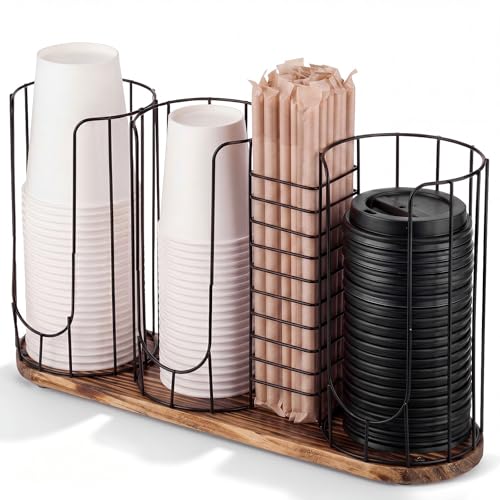 18oz Adjustable Coffee Cup Dispenser with Wooden Base, Cup and Lid Holder, Cups Holder Organizer for Coffee Pod Straw and Lid Storage(4-compartment Single,Color 5) - color: Color 5, style: 4-Compartment Single