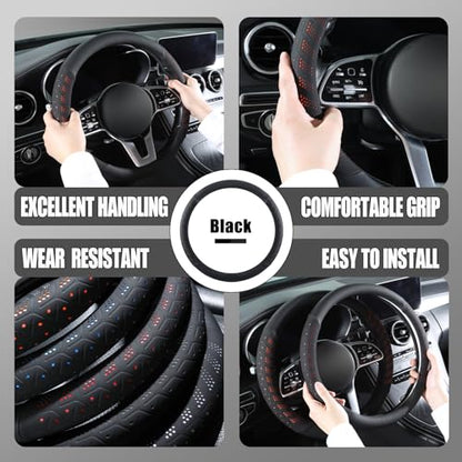 3D Premium Skin-Feel Leather Small Car Steering Wheel Cover, Anti-Slip Breathable Soft Slim Design, 13.5 inch to 14 inch, Black