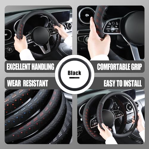 3D Premium Skin-Feel Leather Small D Shaped Steering Wheel Cover, Anti-Slip Breathable Soft Slim Design, 13.5 inch to 14 inch, Black - color: Solid Black, size: D Type-Small[13.5''-14'']