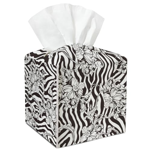 Black and White Flowers Tissue Box Cover Square, Waterproof Leather Tissue Box Holder, Stylish Facial Paper Organizer Decor for Bathroom Nightstand Vanity Desk Office Car /010 - color: Pattern5
