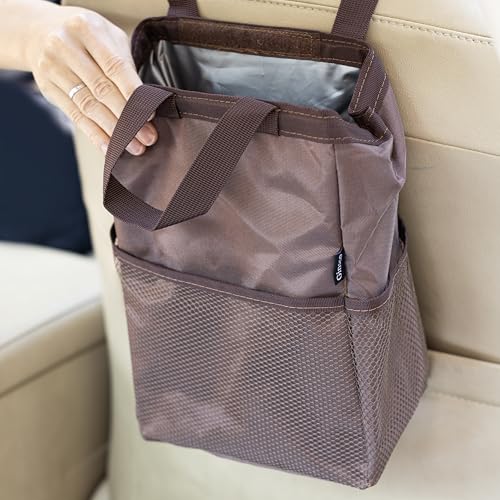 Ginsco New Leak-Proof Travel Trash Bag, Hanging Car Trash Can with Hook and Loop Lid and Handle, Multipurpose Trash Bin with Storage Pockets for Car SUV Truck RV Camping 2 Gallons (Brown) - color: Brown, size: 2 Gallons
