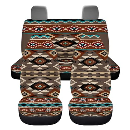 Dreaweet Geometric Aztec Car Seat Covers Full Set Southwestern Native American Seat Covers with Steering Wheel Cover,Center Console Cover,Seat Belt Pads,Coasters,Gear Shift & Handbrake Cover,12 Pcs - color: Geometric Aztec
