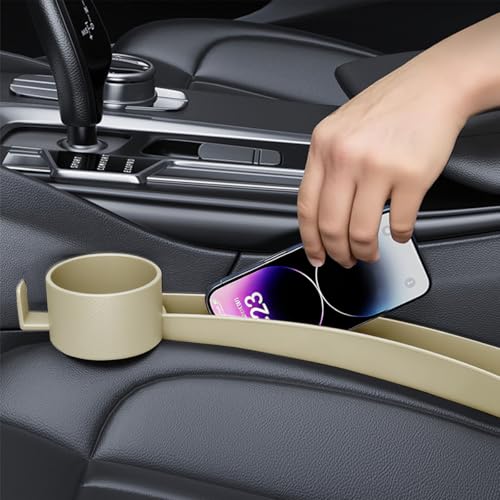 2PCS Car Seat Gap Filler, Soft Carbon Fiber Vehicle Between Seat and Console Organizer with Cup Holder, Prevent Falling Automotive Interior Chair Gap Plug, Universal Fit (Beige) - color: Beige