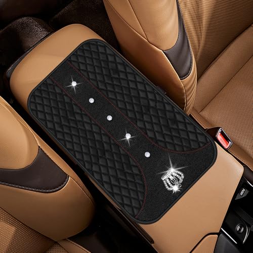 Black Bling Car Console Cover Hot Black Arm Rest Center Console Cushion Pad, Universal Anti-Slip Leather Armrest Box Decor Protector with Crystal Sparkling Rhinestone Car Accessories(Black) - color: Black