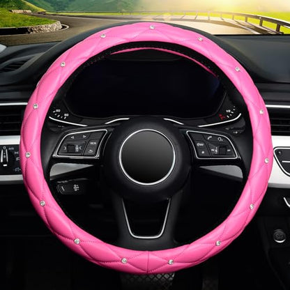 KAFEEK Diamond Leather Steering Wheel Cover with Bling Bling Crystal Rhinestones, Universal 15 inch,Dark Pink - color: Dark Pink, size: Medium(Standard) Size[14.5"-15"]