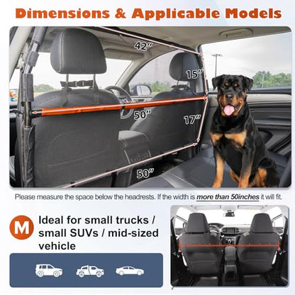 Dog Barrier for Car, 50" Wide SUV Dog Barrier for Cargo Area & 2nd 3rd Row Seats, Sturdy Dog Barrier for Small SUV & Truck with See-Through Net Mesh, Back Seat Divider for Mid-Sized Vehicle