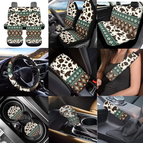 Dreaweet Aztec Cow Car Seat Covers Full Set for Women,Southwestern Car Accessories Interior,Native American Steering Wheel Cover with Center Console Cover,Seat Belt Pads,Car Coasters,Gear Shift Cover - color: Aztec Cow