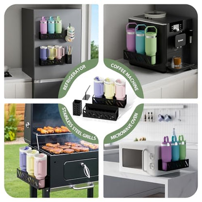 Magnetic Cup Organizer for Full Stanley 30/40 oz Tumbler, 2Pack Water Bottle Holder with Tumbler Lid & Straw Organizer, Ideal for Fridge and other iron surfaces, Flexible disassembly(Black) - size: 6 bottles