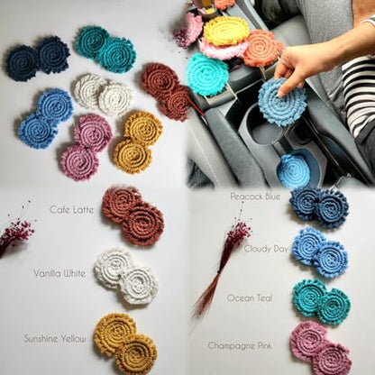 Cotton Car Coasters for Cup Holders, 2PC Car Cup Coasters, Drink Coaster Holder, Cute cupholder Coaster Accessories for Women, Macrame, Boho(Champagne Pink) - color: Champagne Pink