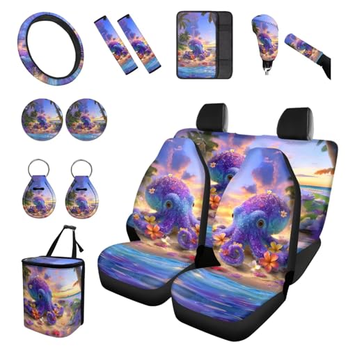 Forchrinse Hawaiian Octopus Car Seat Cover for Men Women 15Pack Auto Interior Set with Steering Wheel Cover/Armrest Cushion/Seatbelt Cover/Car Coaster/Keychain/Handbrake Gear Shift Cover - color: Hawaiian Octopus Print