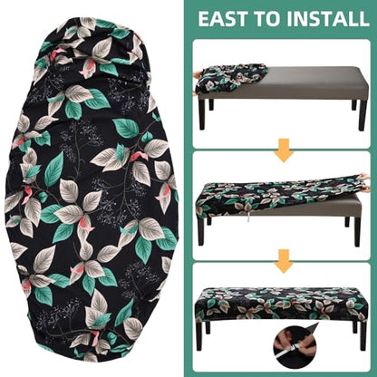 Fuloon Stretch Bench Cover, Anti-Dust Removable Dining Bench Slipcover Washable Seat Cushion Protector for Bedroom, Kitchen, Hotel, Banquet, Green Black Flower - color: Flower Green Black