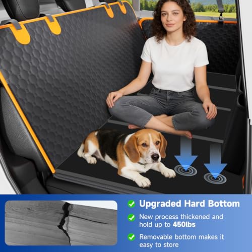Dog Car Seat Cover for Back Seat Waterproof Oxford Fabric, Hard Bottom Back Seat Extender for Dogs Scratchproof, Dog Hammock for Car with Mesh Window, Fit Most Cars Small Trucks, Black Orange