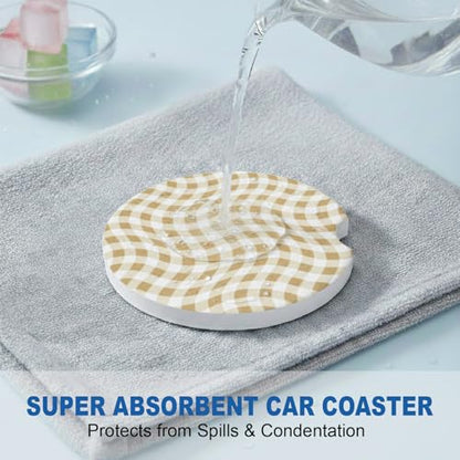Ceramic Car Coasters, 2 Pack, 2.64" Absorbent Car Cup Holder Coasters, Cute Ceramic Car Coasters for Women, Brown Checkered Pattern - color: Brown2 Checkered