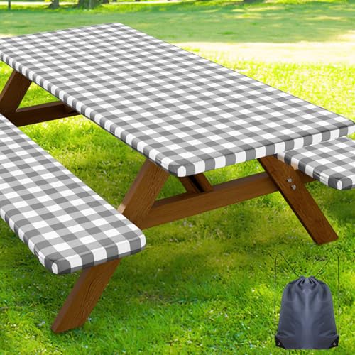 Smiry Picnic Table Cover with Bench Covers, Waterproof Elastic Fitted Tablecloths for 24x48 Rectangle Tables, Washable Buffalo Plaid Tablecloth for Camping, Outdoor (Grey & White, 24" x 48") - color: Grey and White, size: 24" x 48"