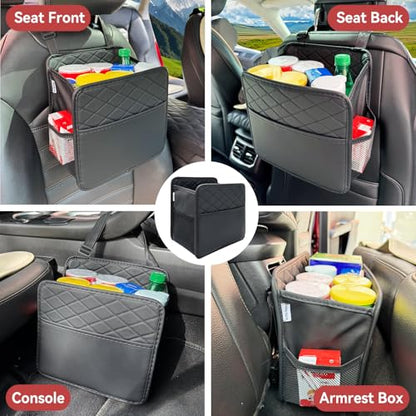 Witaxima Upgrade Car Seat Organizer Backseat with Storage Pockets, Multipurpose Car Organizer Hanging, Car Trash Bag Can,Premium PU Leather Garbage Can 2.14 Gallon Large Capacity, Black.