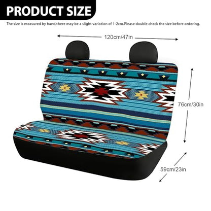 WELLFLYHOM Aztec Print Universal Rear Split Bench Seat Cover for Cars Truck SUV No Headrest Tribal Turquoise Geometric Stripe Design Back Seat Backrest Saddle Blanket Protector Set of 2 - color: Blue Aztec Print