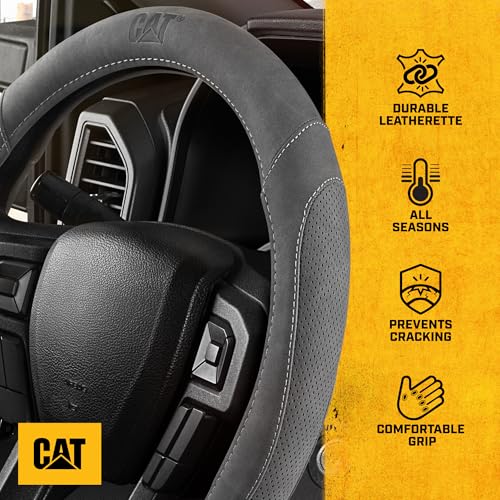 Cat® US Flag Leather Steering Wheel Cover w Metal Flag Emblem, Grey Leatherette, Standard 14.5–15.5 Inch, Non Slip Comfort, Car Steering Wheel Cover for Auto Truck SUV, Amiercan Flag Car Accessories - color: Flag Emblem - Gray, size: Standard (14.5-15")