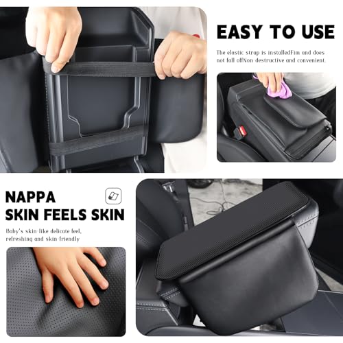 Car Armrest Cover for Car, Nappa Leather Center Console Armrest Pad with Side Storage Pockets, Breathable Non-Slip Auto Arm Rest Cushion, Universal Fit for Most Cars Tesla Model Y