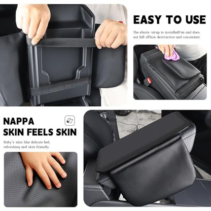 Car Armrest Cover for Car, Nappa Leather Center Console Armrest Pad with Side Storage Pockets, Breathable Non-Slip Auto Arm Rest Cushion, Universal Fit for Most Cars Tesla Model Y