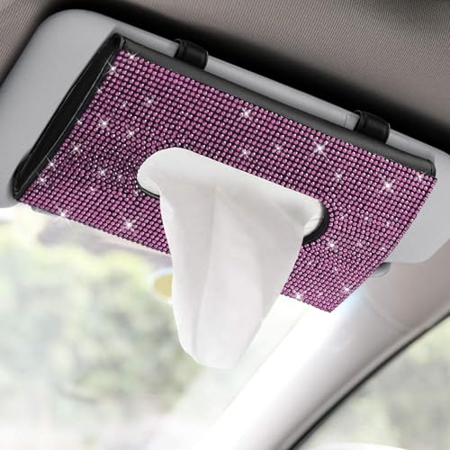 Bling Car Sun Visor Tissue Box Holder, Visor Accessories, Rhinestone PU Leather Crystal Sparkling Napkin Holder, Auto Sun Visor Paper Towel Cover Case Accessories for Most Cars (Pink) - color: Pink