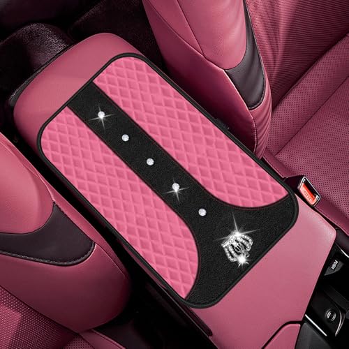Pink Bling Car Console Cover Hot Pink Arm Rest Center Console Cushion Pad, Universal Anti-Slip Leather Armrest Box Decor Protector with Crystal Sparkling Rhinestone Car Accessories(Pink) - color: Pink