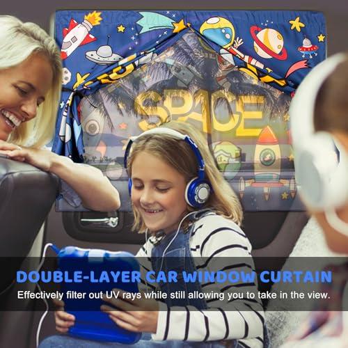 Car Sun Shade Side Window, 2pcs Magnetic Double Layer Car Window Shades for Privacy Full Covers/Half Shade Options Cute Space Pattern Side Window Curtains for Kids - color: Blue Space