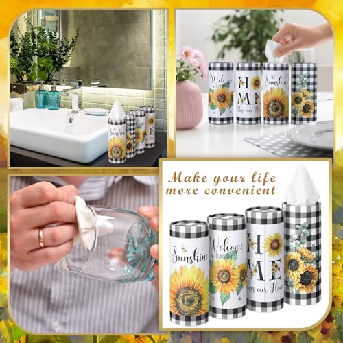 12 Pack Sunflower Tissue Boxes for Car Cylinder Bulk Black White Plaid Flower Round Cylinder Holder with 3 Ply Facial Tissues for Spring Summer Travel Bathroom Office Decoration - style: Sunflower