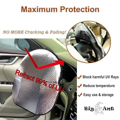 Big Ant Steering Wheel Cover Sun Shade + Bonus Side Window Sunshade-Heat Reflector Fit Most Jumbo/Standard Car-Sliver (20.1"X 17.3")