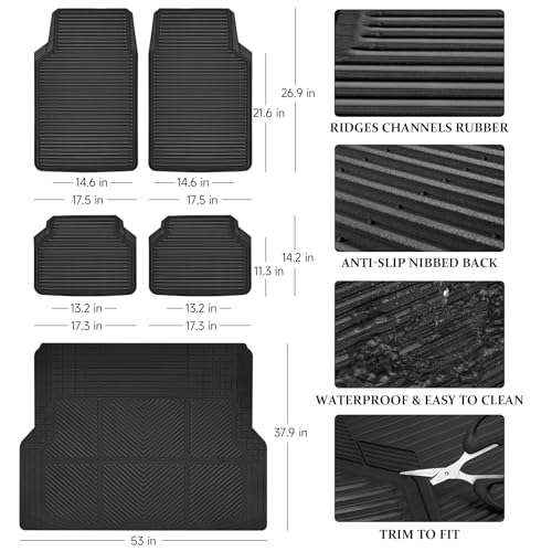 CAR PASS Black Rubber Car Floor Mats & Cargo Liners, All Weather Car Mats & Trunk Mats,Waterproof Automotive Floor Mats Trim to Fit for Most Cars Sedans SUVs Vans, Durable Heavy Duty Anti-Slip,Black - color: Black with cargo liner