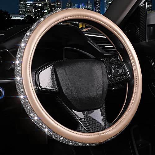 Bling Diamond Leather Steering Wheel Cover, Golden Steering Wheel Covers for Women Girls with Crystal Rhinestones, Universal Fit 14.5-15 Inch Car Steering Wheel Bling Cover Accessories - color: Golden