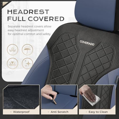 Coverado Car Seat Covers Full Set, Leather Seat Covers, Waterproof Automotive Protectors 5-Seat, Luxury Universal Fit Seat Covers for SUV, Truck, Sedan and Most Vehicles All-Weather - color: Bule&Black