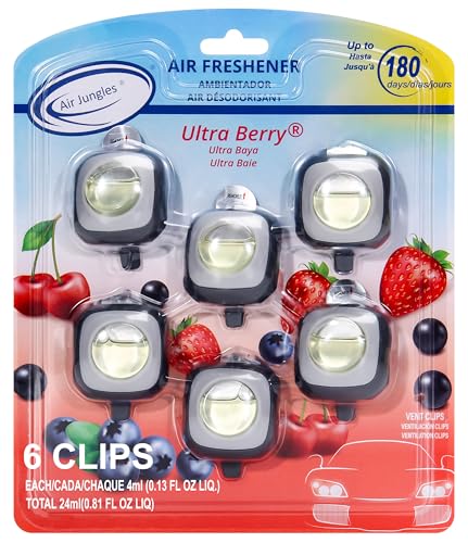 Air Jungles Ultra Berry Scent Car Air Freshener Clip, 6 Vent Clips, 4ml Each, Long Lasting Air Freshener, Up to 180 Days Car Refresher Odor Eliminator - color: Ultra Berry, size: 6 Count (Pack of 1)