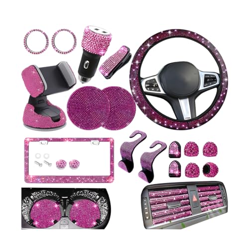 27PCS Bling Car Accessories Set for Women, 14.5-15" Crystal Rhinstone Steering Wheel Cover, License Plate Frame, USB Charger Phone Holder, Girly Auto Decor Kit, Universal Fit (Rose Red) - color: Rose Red
