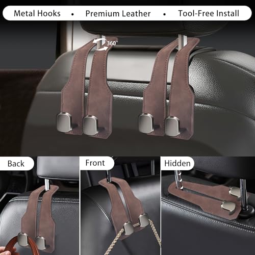 2Pcs Car Headrest Hooks with Premium Leather, Upgraded Double Metal Hooks with Anti-Drop Design, Universal Back Seat Hanger for Bags, Coats, Purses and Groceries (Stylish Brown)