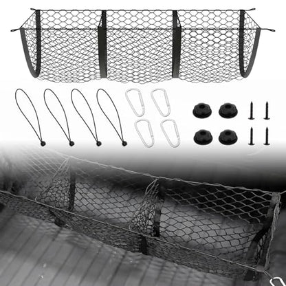 3 Pocket Truck Bed Cargo Net, Upgrade Stretchable Elastic Trunk Bed Organizer for SUV, Car, Pickup Truck Bed, Universal Pickup Mesh Storage Net 47.2" x 11.8" with 4 Ball Bungees