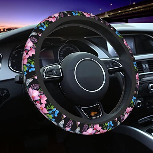 Beautiful Butterfly Steering Wheel Cover for Women Men with 2 Pcs Car Coasters, Universal 14.5-15 Inch Flowers Steering Wheel Covers Non-Slip Car Accessories for Girls - color: flower