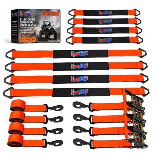 2'' x 96'' Car Trailer Tie Down Straps with Snap Hook for Trailers Heavy Duty, 10,000 lbs Break Strength, 4-Pack Steel Ratchet, 4 Adjustable Car Hauler Straps, 4 Axle Straps - color: Orange