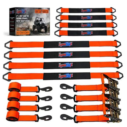 2'' x 96'' Car Trailer Tie Down Straps with Snap Hook for Trailers Heavy Duty, 10,000 lbs Break Strength, 4-Pack Steel Ratchet, 4 Adjustable Car Hauler Straps, 4 Axle Straps - color: Orange