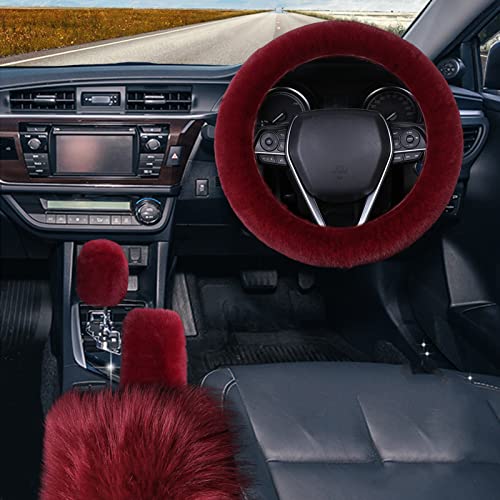 WenMei 1 Set 4 Pcs Fluffy Steering Wheel Cover&Handbrake Cover&Gear Shift Cover&Fluffy Auto Center Console Cover Faux Wool Steering Wheel Covers for Women Universal Car Interior Accessories (Wine red) - color: Wine red