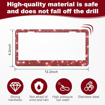 QUANQIUFEI 2 Pack Bling License Plate Frames for Women, Sparkly Rhinestone Diamond Car Accessories with Glitter Crystal Caps (Burgundy) - color: Burgundy