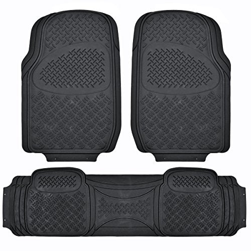 BDK OF-713 Diamond Grid Rubber Car Floor Mats, Universal Front & Rear Combo Set with Trunk Cargo Mat Liner for Car Sedan SUV Van, Heavy Duty All Weather Trim to Fit