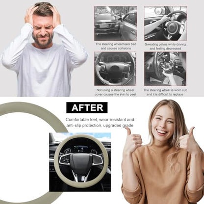 DXNQ Car Steering Wheel Cover, 13 to 14.17 inches Anti-Slip Silicone Steering Wheel Protector, Soft Flexible Shock-Absorbent Steering Wheel Protective Cover for Most Car Models (Beige) - color: Beige