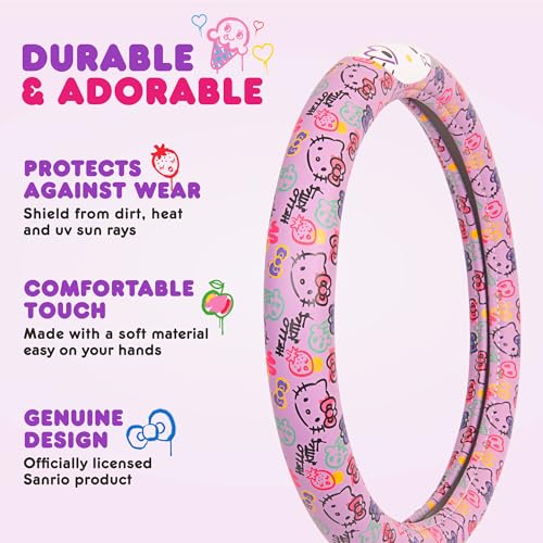 Hello Kitty Steering Wheel Cover, Official Sanrio Car Steering Wheel Cover with Universal Size 14.5-15.5, Cute Steering Wheel Cover for Women, Hello Kitty Car Accessories (Lavender Print) - style: Hello Kitty Lavender Doodle